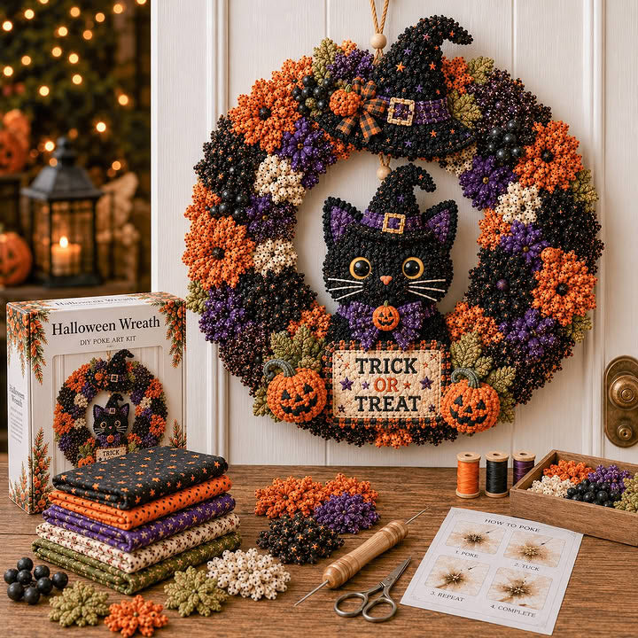🎃 Halloween Black Cat 3D Fabric Poke Wreath DIY Kit