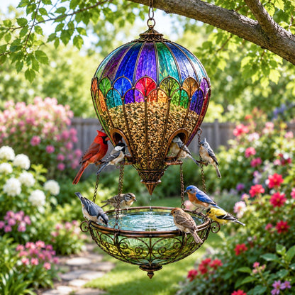 Stained Glass Hot Air Balloon Bird Feeder Fountain🐦